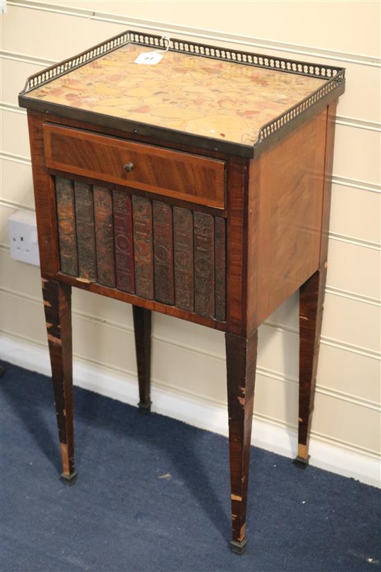 A French marble top kingwood bedside table, circa 1900, 1ft 3in. H.2ft 5in. D.1ft.